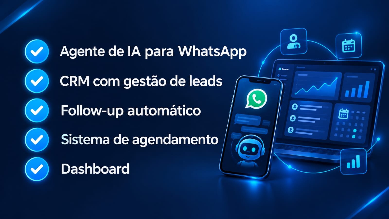 Ilustração de atendimento no WhatsApp conectado a agente de IA, CRM, follow-up, agendamento e painel de gestão.